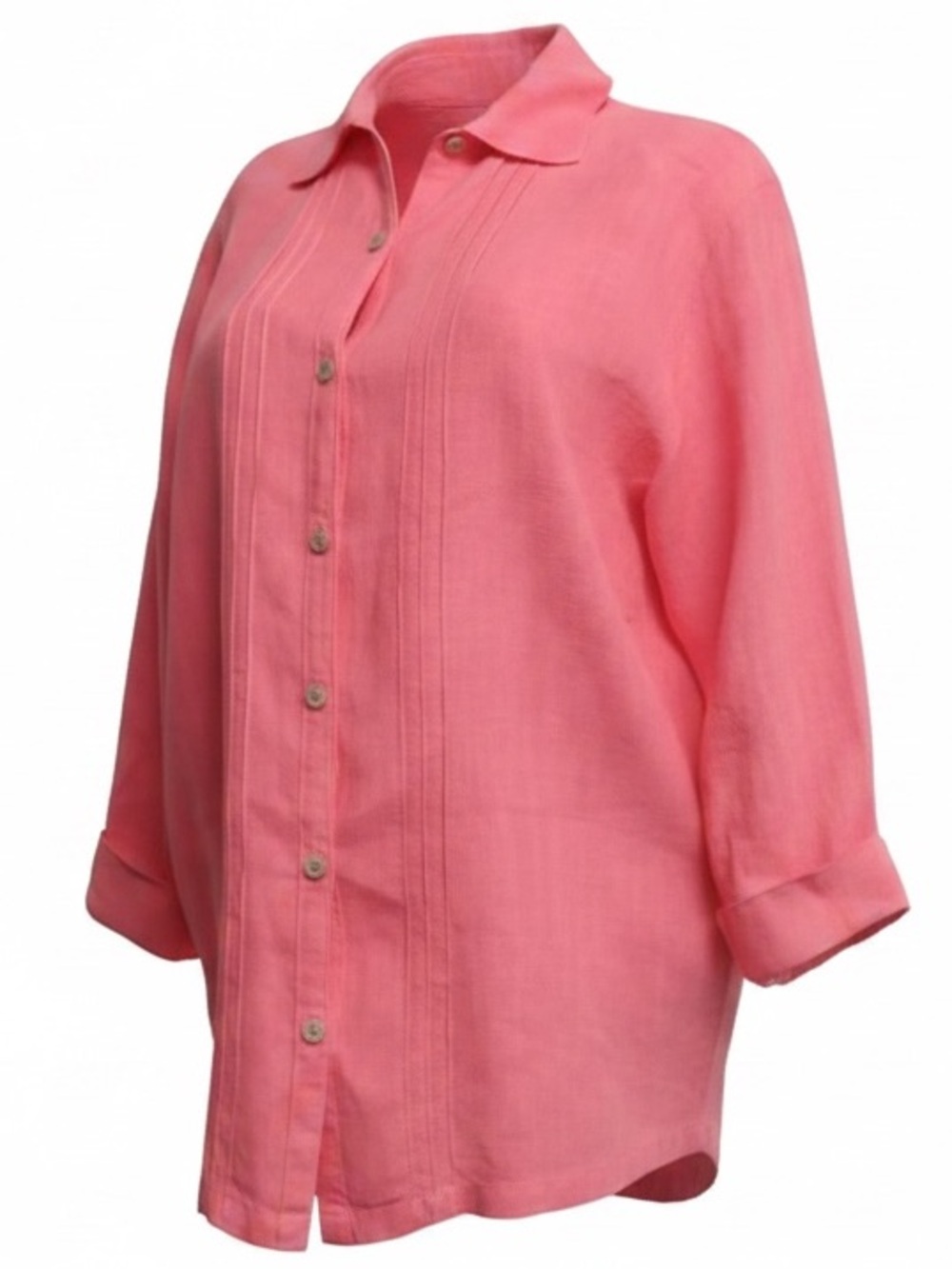 Hot Cotton 100% Linen Coral Pink Tunic Button Up Pin Tuck Pleated Lagenlook SZ1X